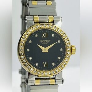Movado Vizio Authentic Vntg.18k/Stainless Steel Diamond Bezel/Dial Ladies Watch!